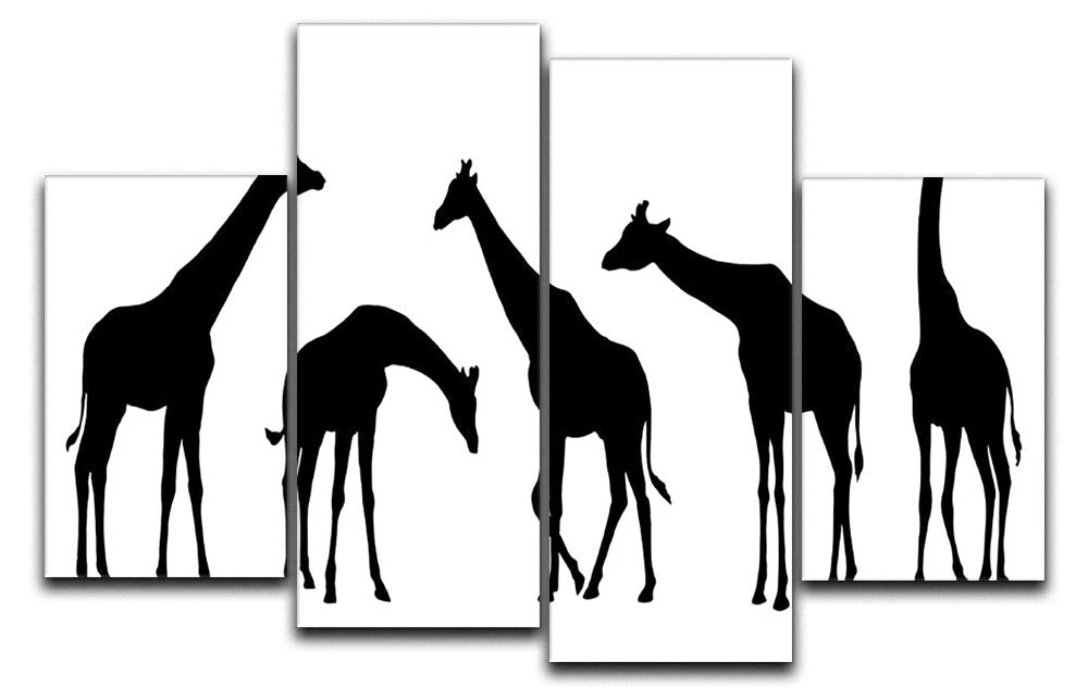 A 4-split canvas artwork featuring elegant giraffe silhouettes on a white background, arranged in four panels.