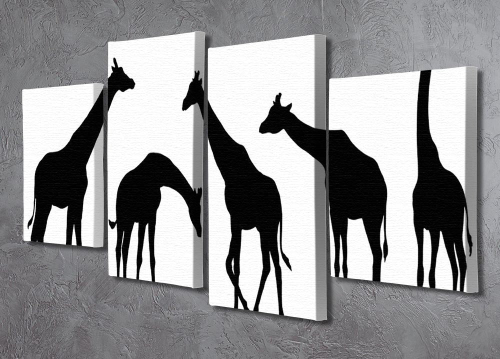A 4-split canvas artwork featuring elegant giraffe silhouettes on a white background, arranged in four panels.