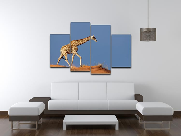 A beautiful 4-split canvas artwork depicting a giraffe walking on a sand dune in the Kalahari desert, showcasing vibrant colors and intricate details.