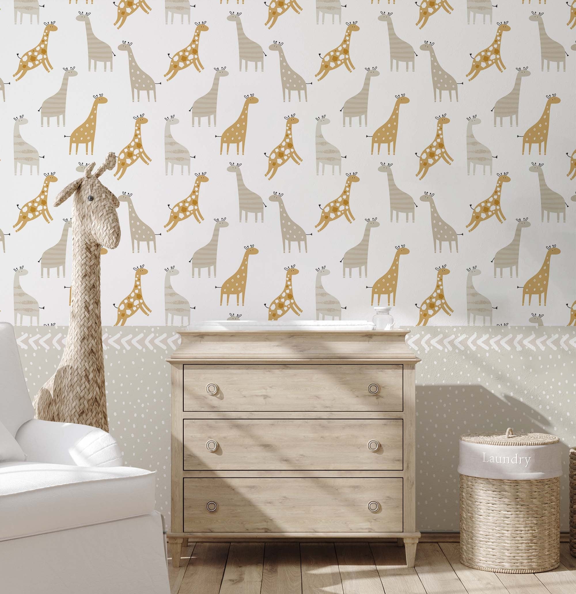Giraffe Wallpaper featuring pastel colors in ochre and white, ideal for nursery decor.