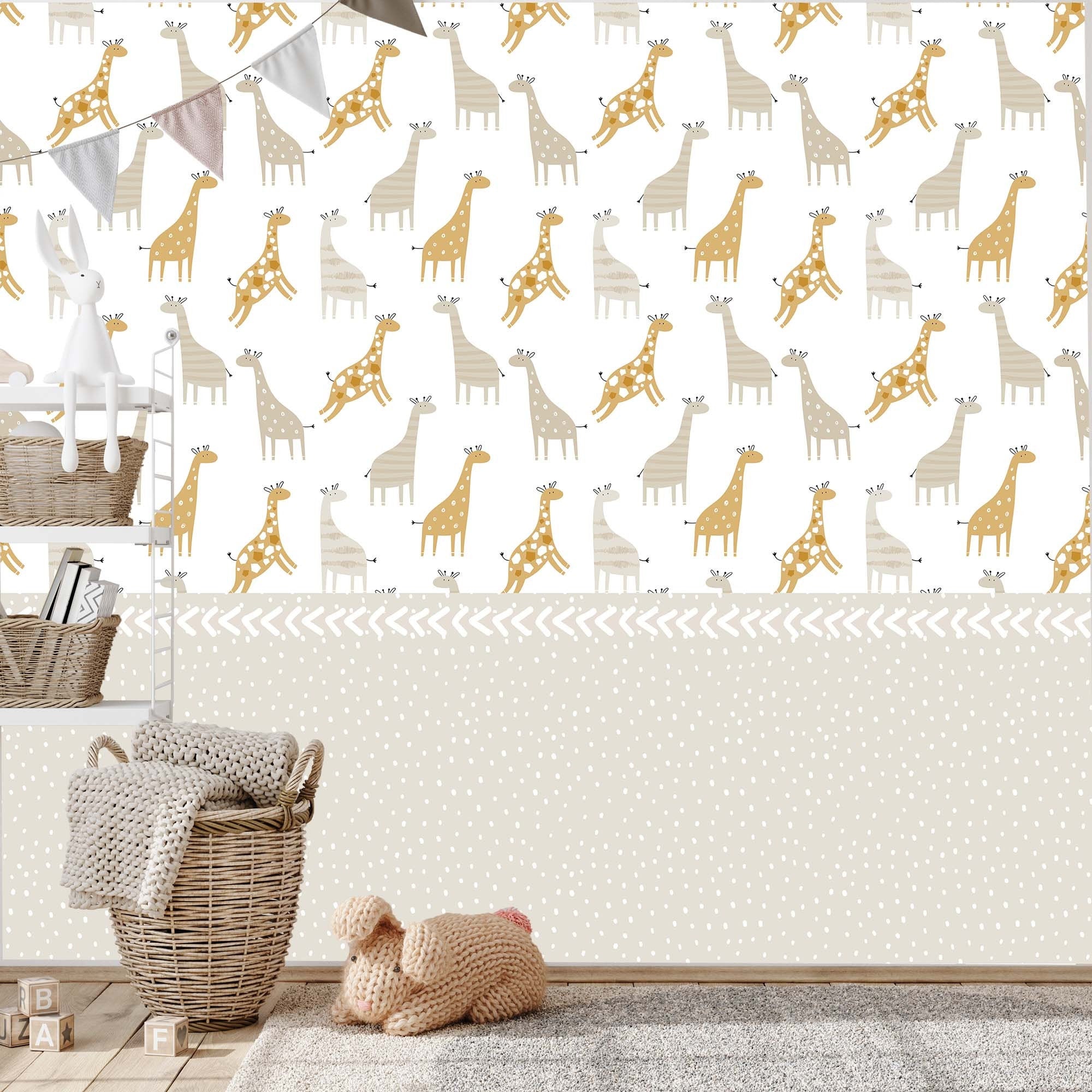 Giraffe Wallpaper featuring pastel colors in ochre and white, ideal for nursery decor.
