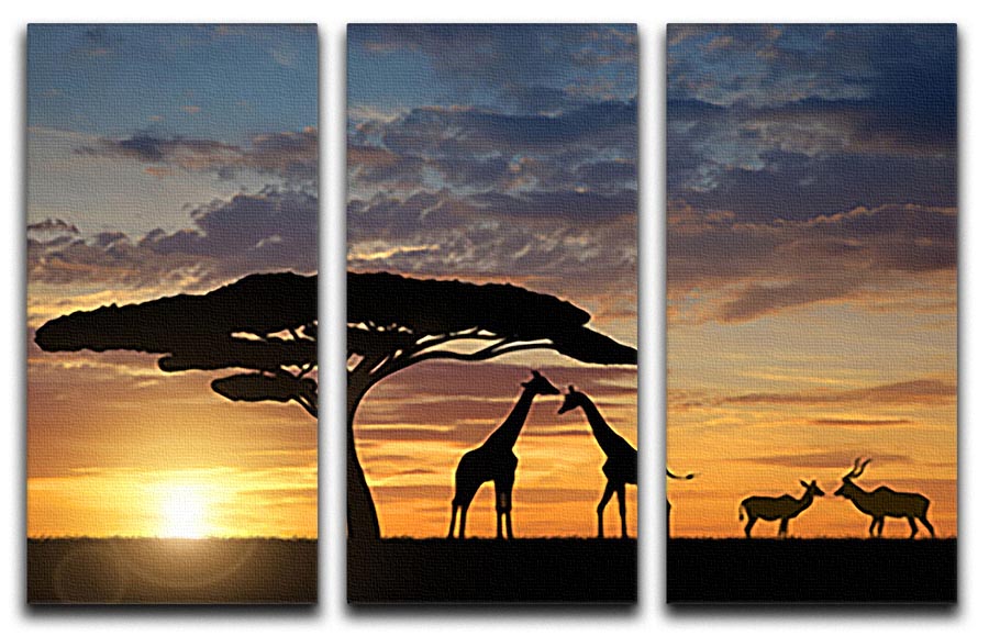 A stunning 3-panel canvas print featuring giraffes and kudu at sunset, showcasing vibrant colors and serene wildlife scenery.