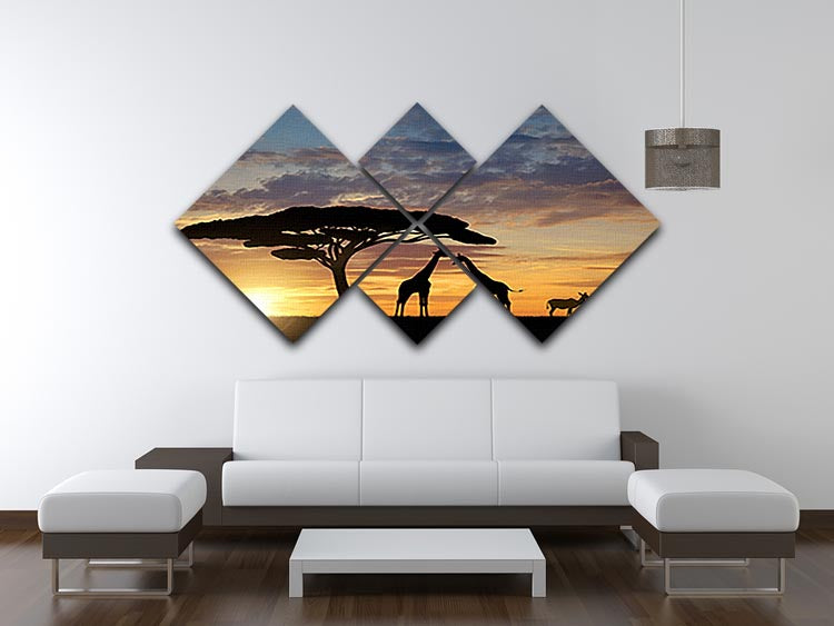 A beautiful multi-panel canvas artwork featuring giraffes and kudus at sunset, showcasing vibrant colors and serene wildlife.