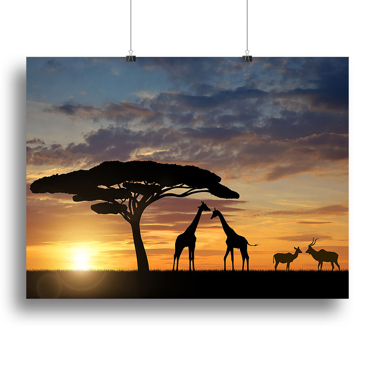 A beautiful canvas print featuring giraffes and kudu at sunset, showcasing vibrant colors and serene wildlife scenery.