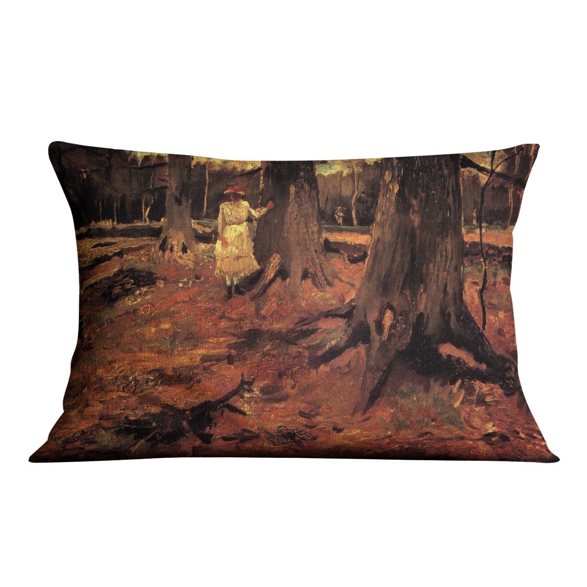 A vibrant cushion featuring Van Gogh's Girl in White in the Woods design, made from luxurious vegan faux suede.