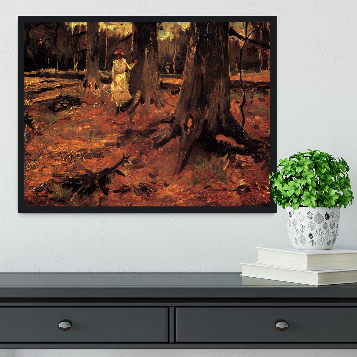 Framed print of Van Gogh's 'Girl in White in the Woods' showcasing vibrant colors and intricate details.