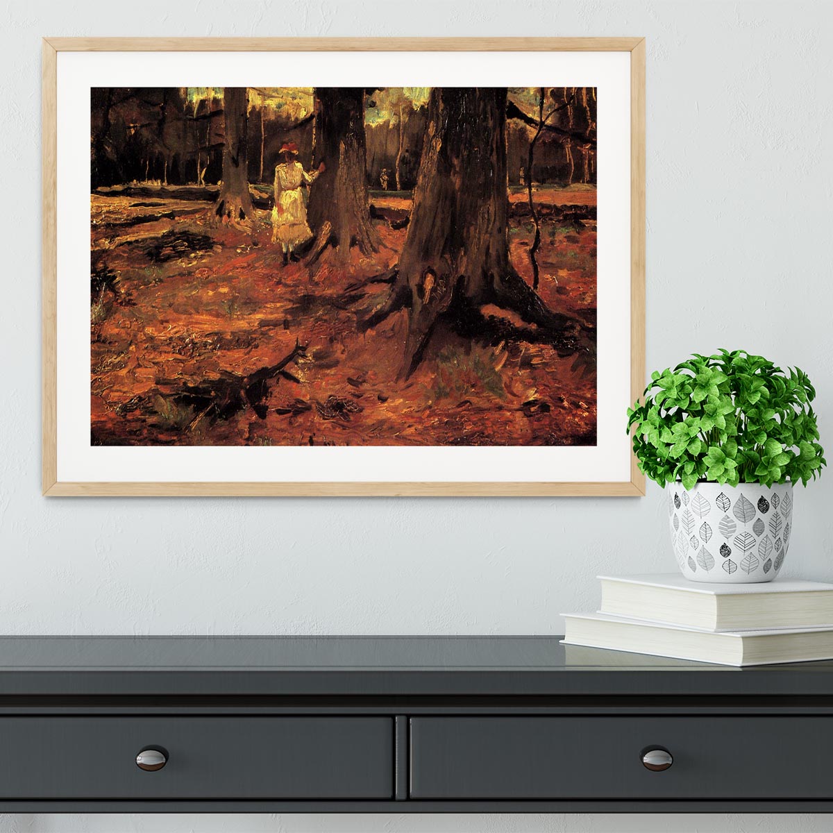 Framed print of Van Gogh's 'Girl in White in the Woods' showcasing vibrant colors and intricate details.