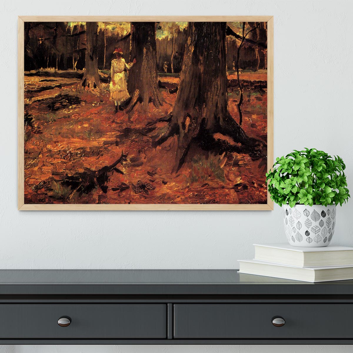 Framed print of Van Gogh's 'Girl in White in the Woods' showcasing vibrant colors and intricate details.