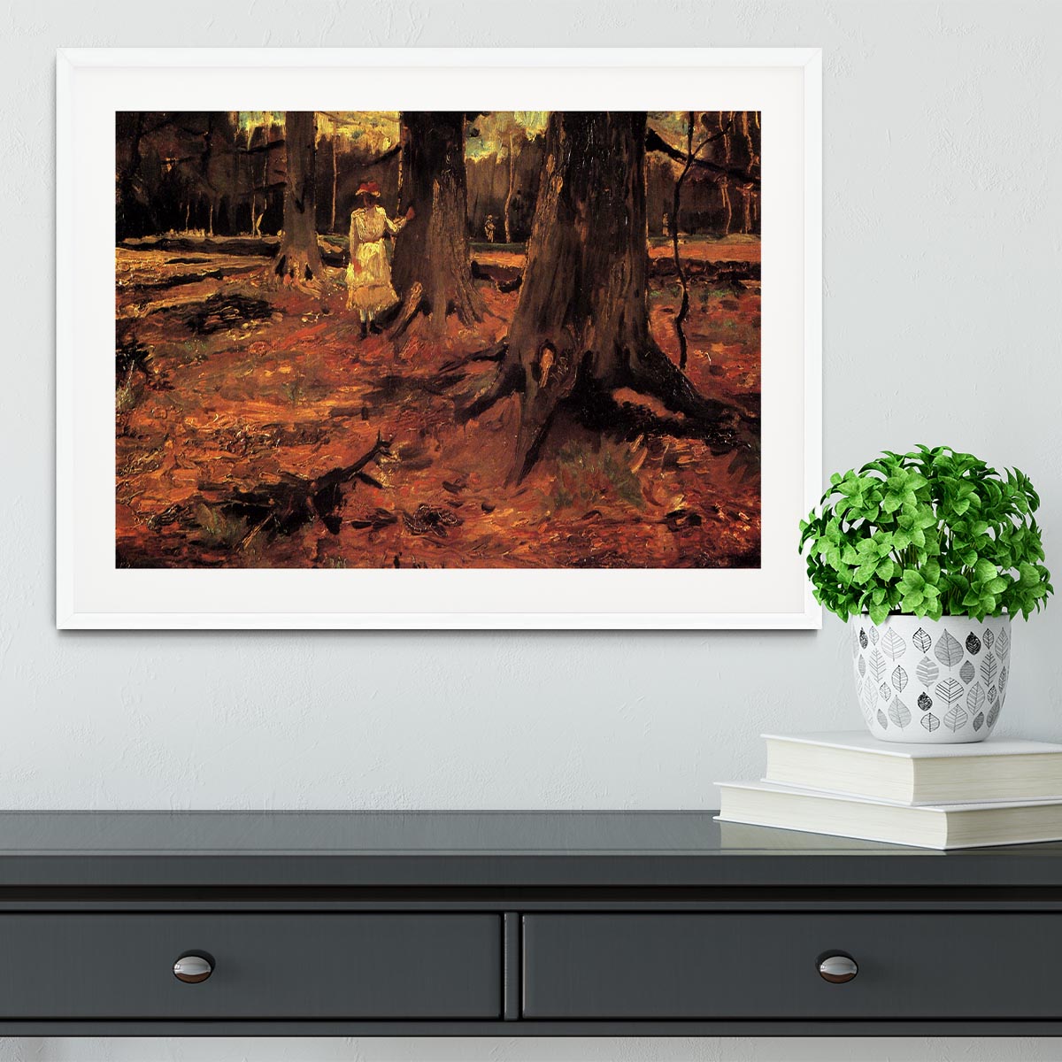 Framed print of Van Gogh's 'Girl in White in the Woods' showcasing vibrant colors and intricate details.