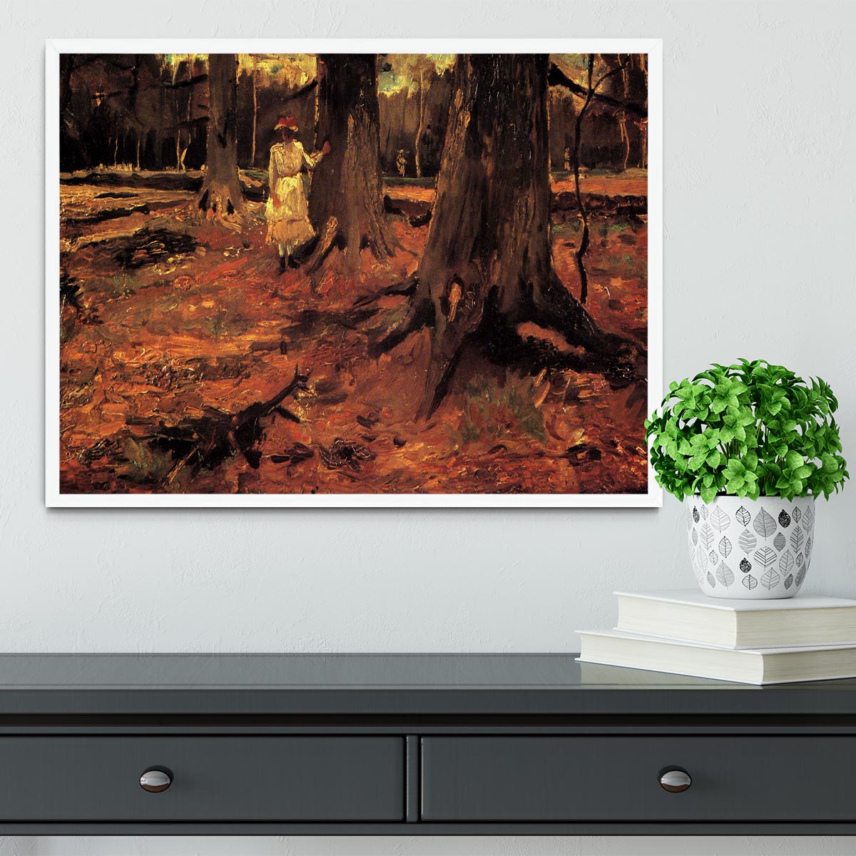 Framed print of Van Gogh's 'Girl in White in the Woods' showcasing vibrant colors and intricate details.
