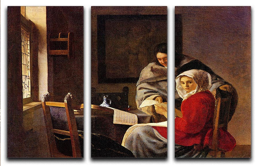 A stunning 3-panel canvas print titled 'Girl Interrupted in Her Music', featuring vibrant colors and intricate details, perfect for home decor.