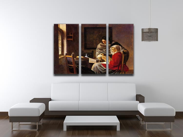 A stunning 3-panel canvas print titled 'Girl Interrupted in Her Music', featuring vibrant colors and intricate details, perfect for home decor.