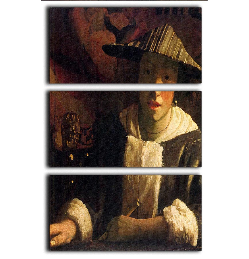 Three-panel canvas print of Vermeer's Girl with a Flute, showcasing elegant colors and intricate details.