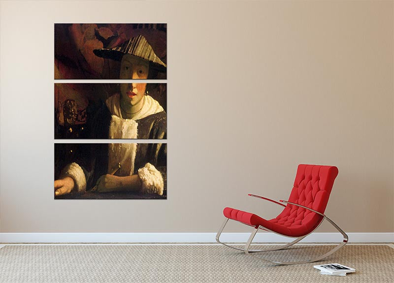 Three-panel canvas print of Vermeer's Girl with a Flute, showcasing elegant colors and intricate details.
