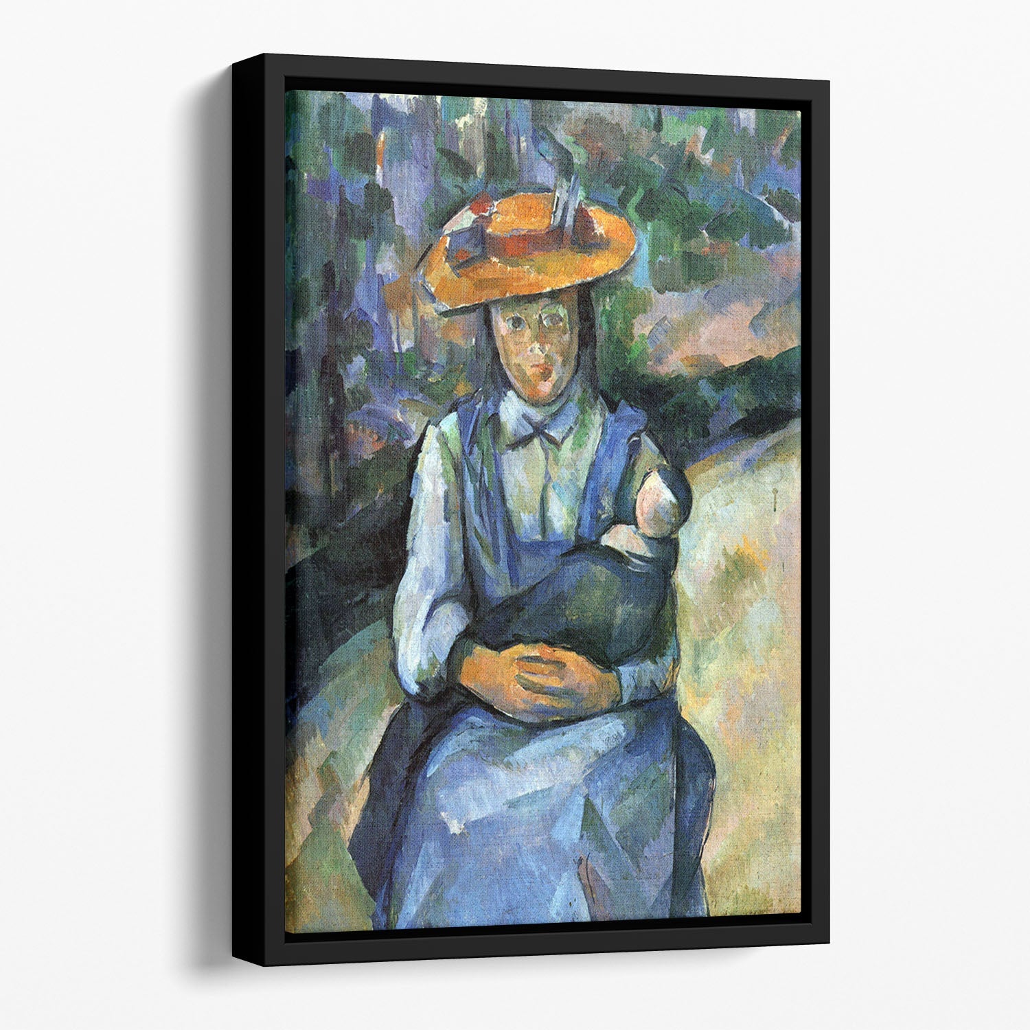 Floating framed canvas of Cezanne's Girl with Doll, showcasing vibrant colors and elegant design.