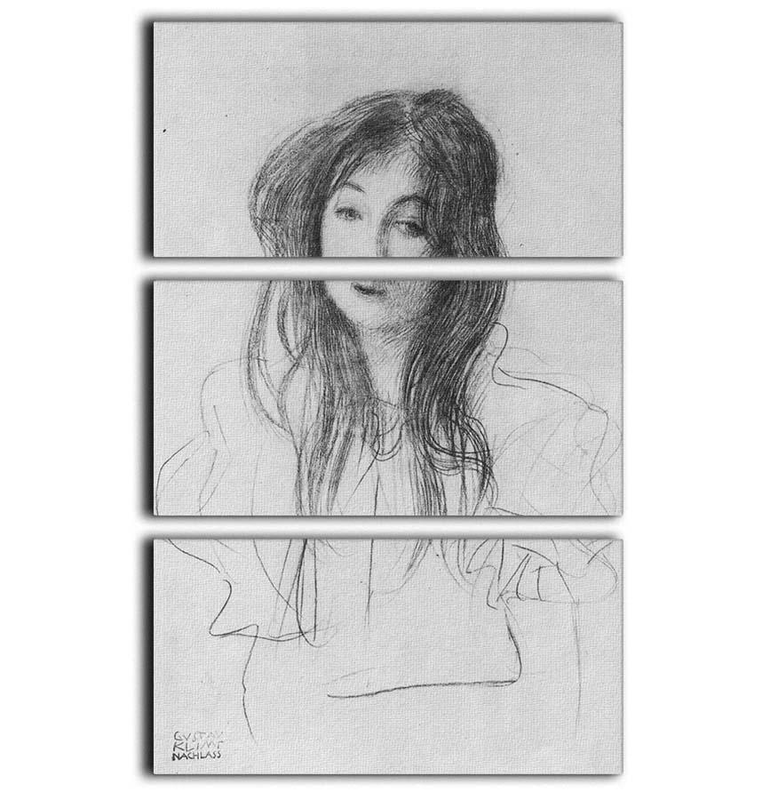 A stunning 3-panel canvas print featuring Klimt's Girl with Long Hair, showcasing intricate details and vibrant colors.