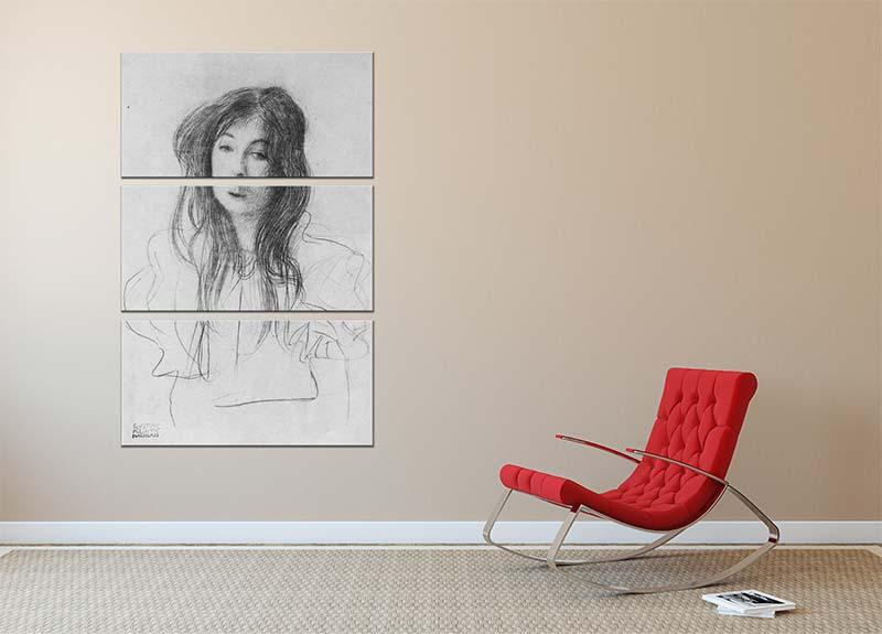 A stunning 3-panel canvas print featuring Klimt's Girl with Long Hair, showcasing intricate details and vibrant colors.