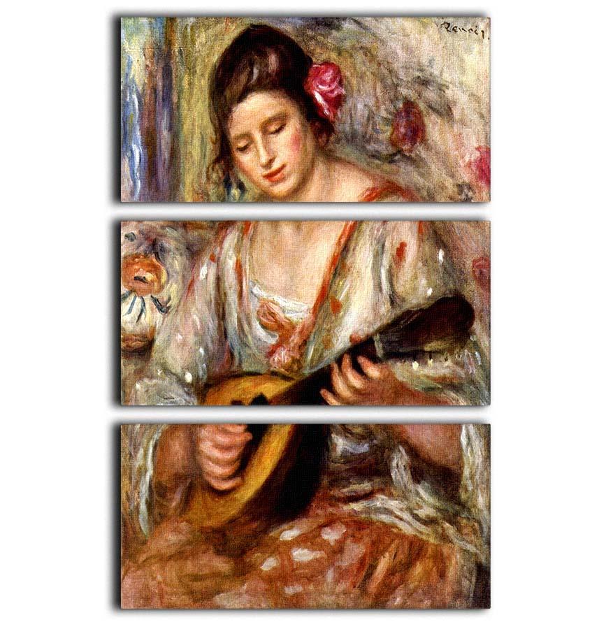 Three-panel canvas print of Renoir's Girl with Mandolin, showcasing vibrant colors and intricate details.