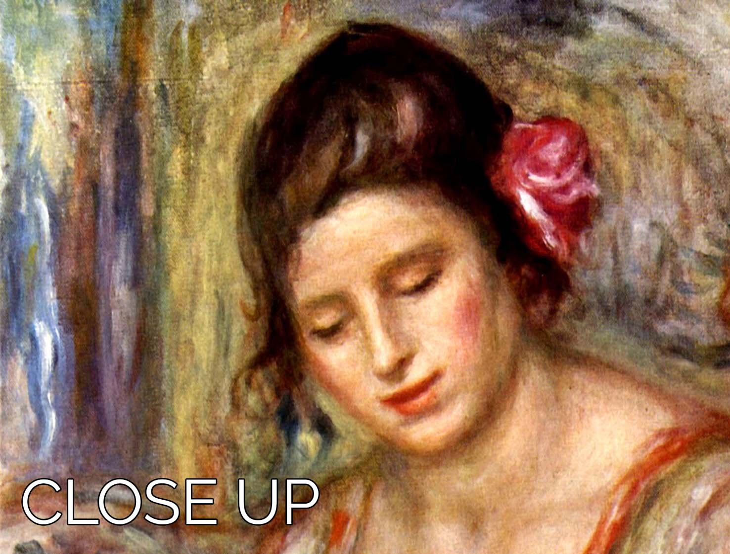 Three-panel canvas print of Renoir's Girl with Mandolin, showcasing vibrant colors and intricate details.