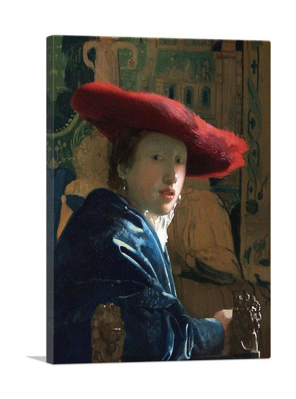 A beautiful canvas print of a girl wearing a striking red hat, showcasing elegance and artistic flair.