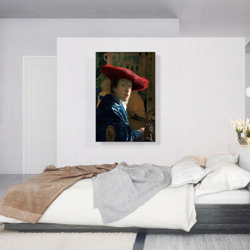 A beautiful canvas print of a girl wearing a striking red hat, showcasing elegance and artistic flair.