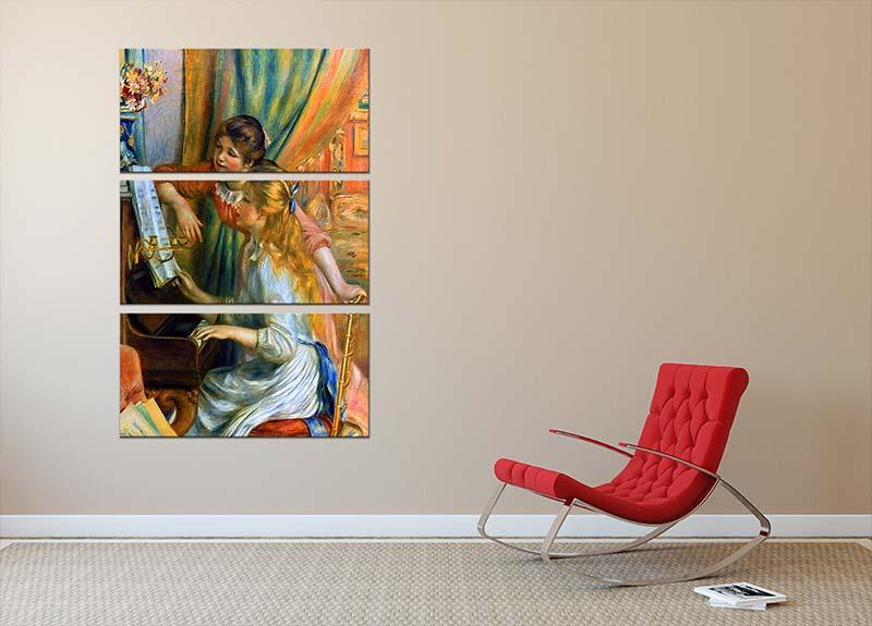 Three-panel canvas print of Renoir's Girls at the Piano, showcasing vibrant colors and intricate details.