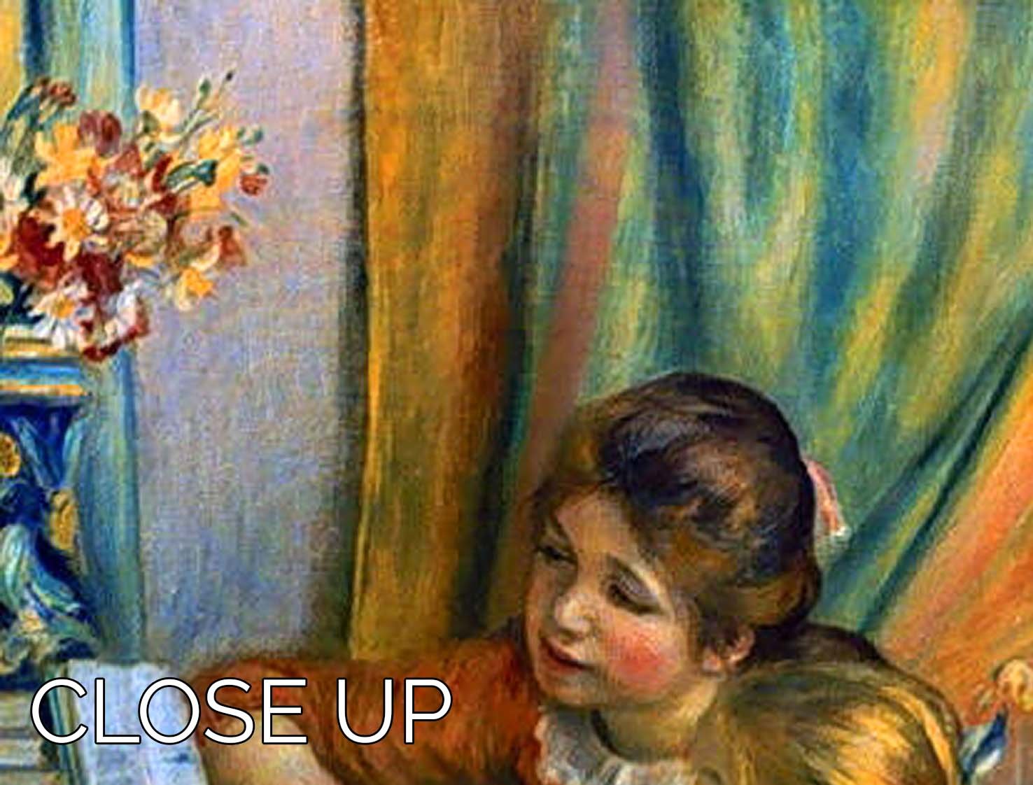 Three-panel canvas print of Renoir's Girls at the Piano, showcasing vibrant colors and intricate details.
