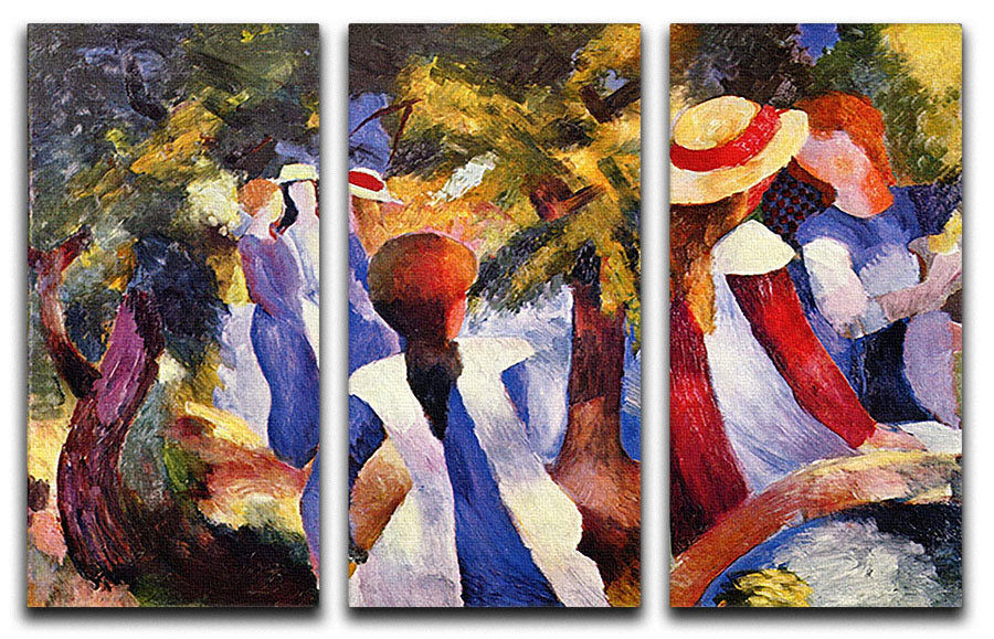 Three-panel canvas print of Girls in the Open by August Macke, showcasing vibrant colors and artistic details.