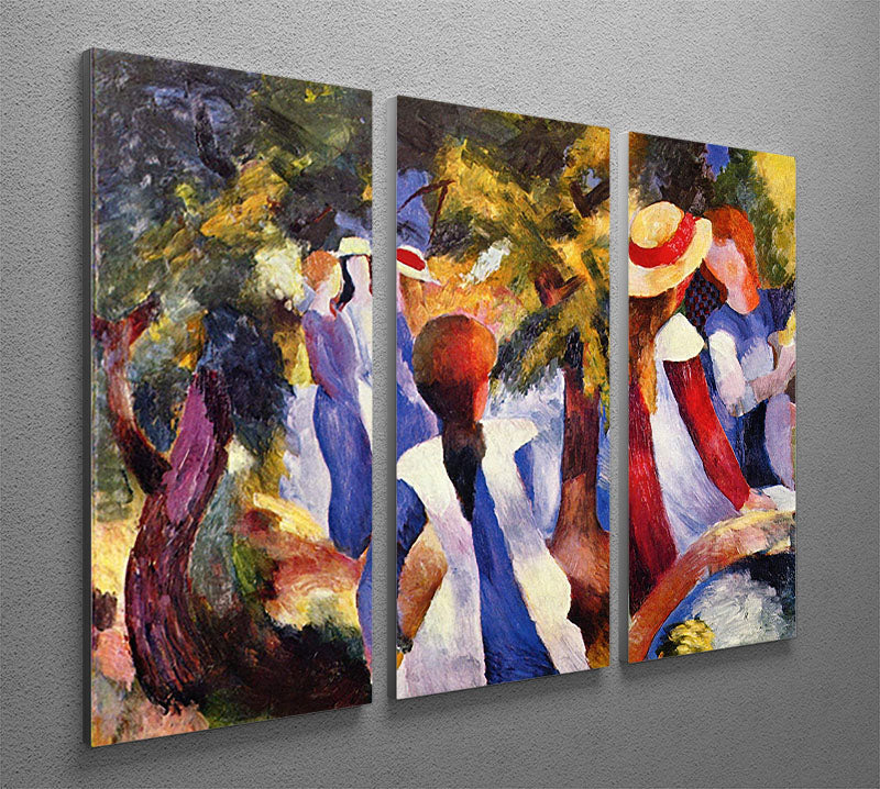 Three-panel canvas print of Girls in the Open by August Macke, showcasing vibrant colors and artistic details.