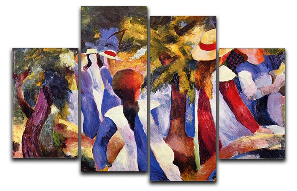 A vibrant 4-split canvas artwork titled Girls in the Open by August Macke, showcasing four panels that create a cohesive and dynamic image.