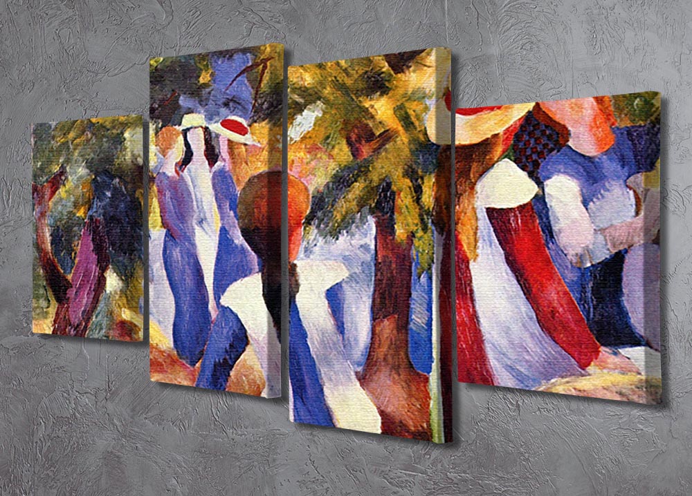 A vibrant 4-split canvas artwork titled Girls in the Open by August Macke, showcasing four panels that create a cohesive and dynamic image.