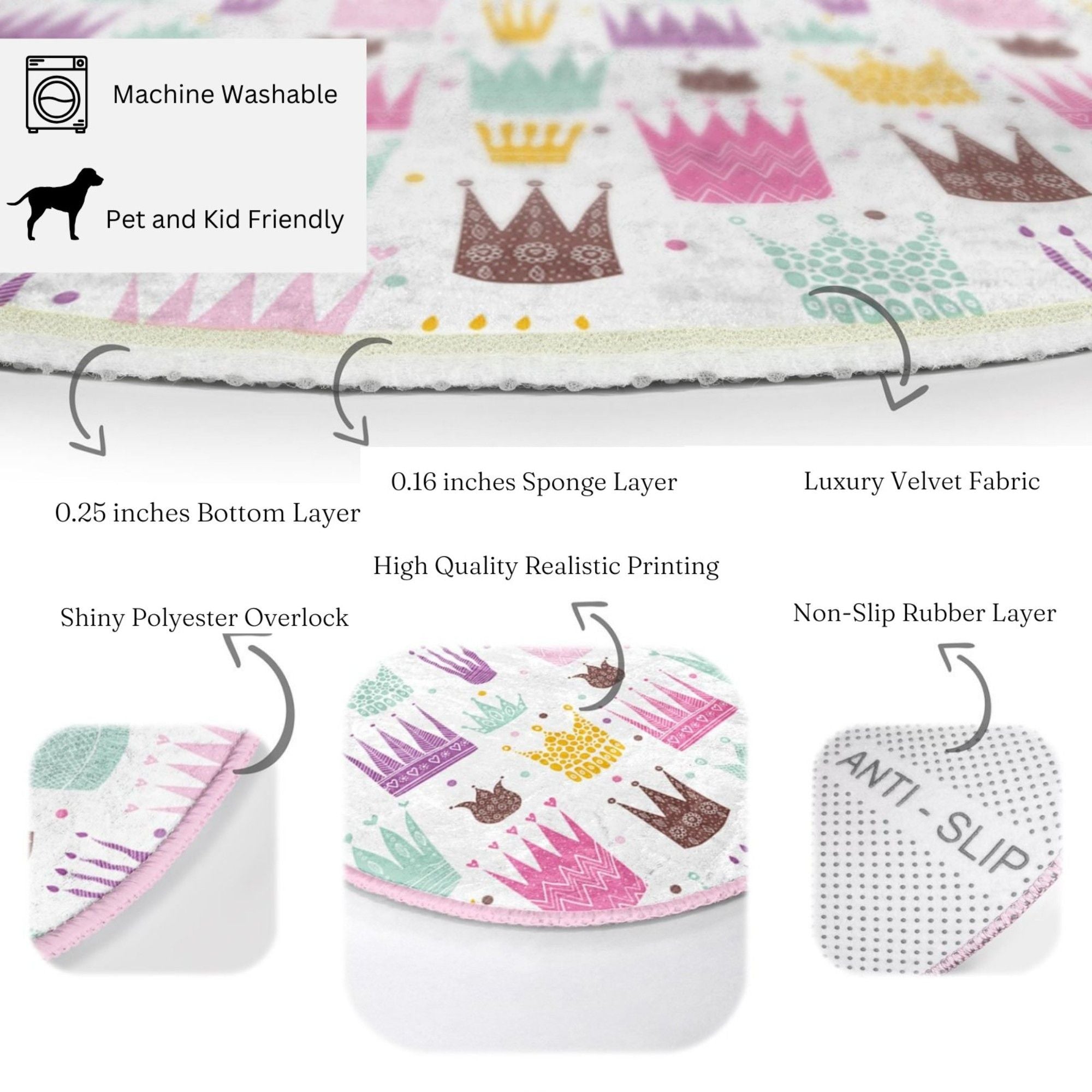 A beautiful washable rug featuring a princess crown pattern, perfect for a girl's room, made from high-quality polyester with vibrant colors.