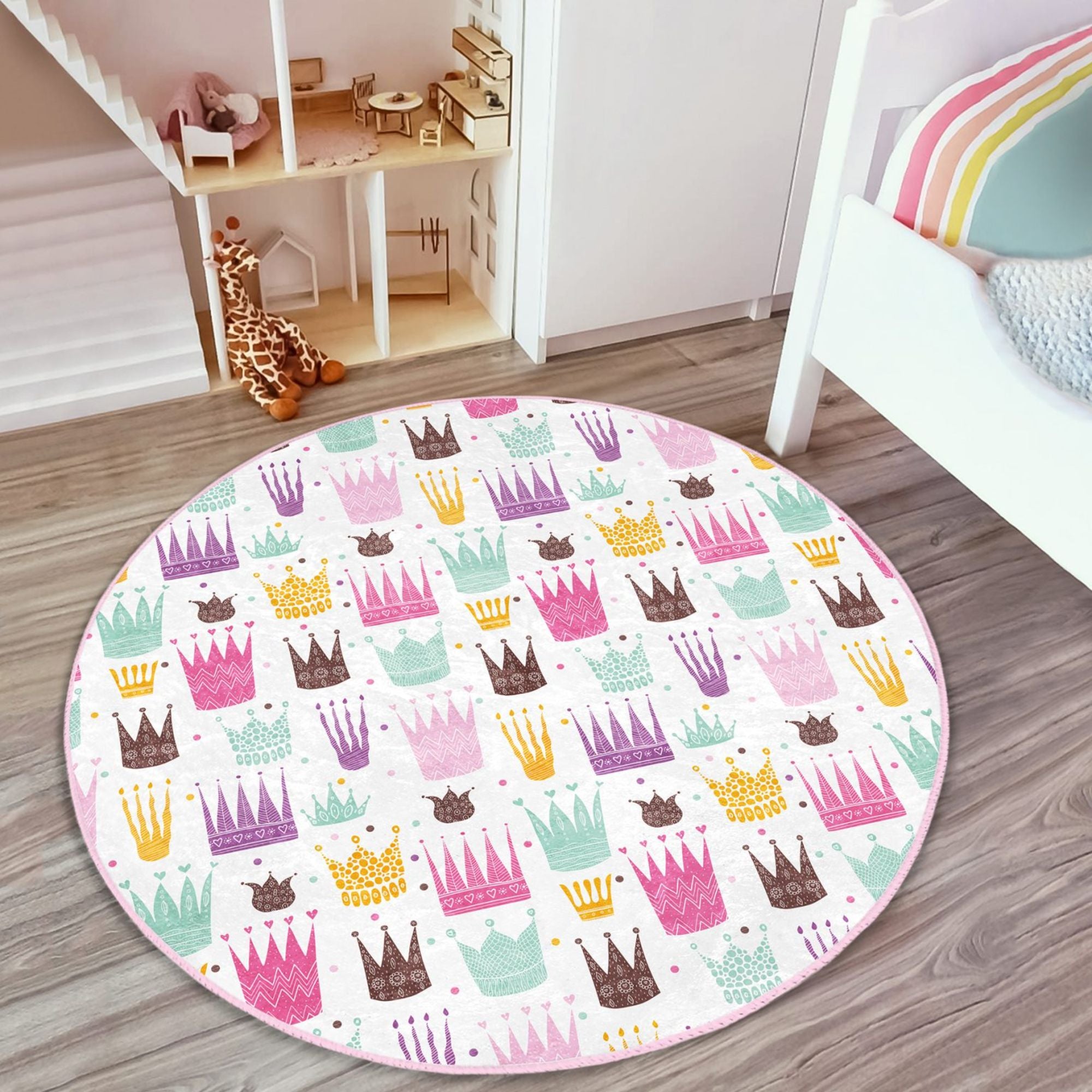 A beautiful washable rug featuring a princess crown pattern, perfect for a girl's room, made from high-quality polyester with vibrant colors.