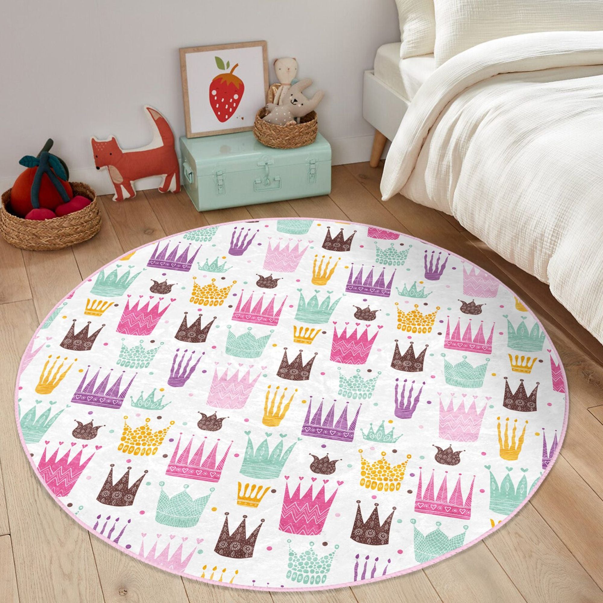 A beautiful washable rug featuring a princess crown pattern, perfect for a girl's room, made from high-quality polyester with vibrant colors.