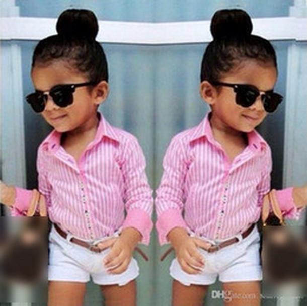 Girls Striped Long Sleeved Shirt paired with White Shorts, perfect summer outfit for children.