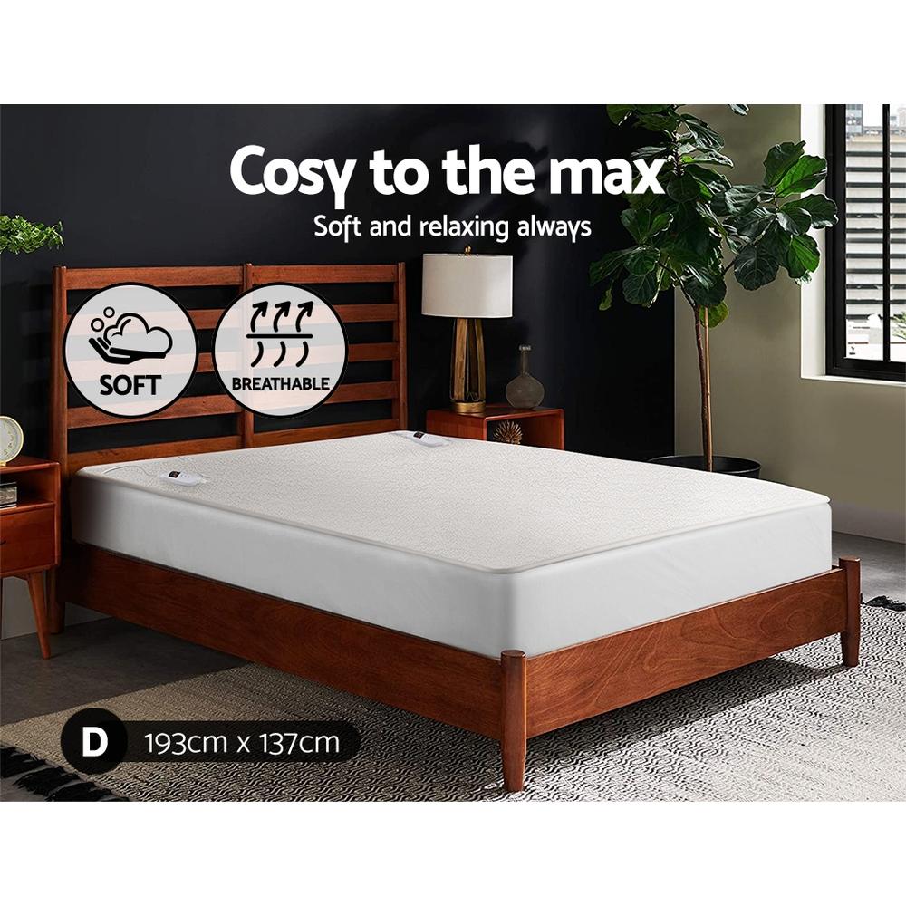 Giselle Bedding Double Size Electric Blanket in white, featuring a soft fleece underlay and detachable remote control for temperature adjustment.