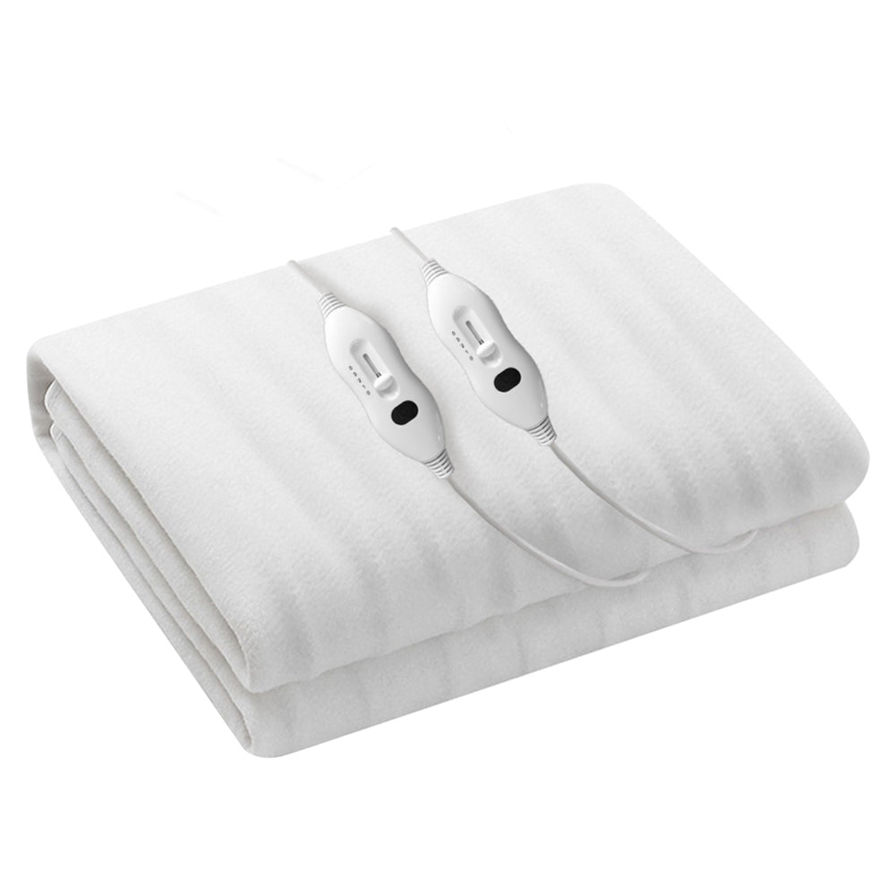 Giselle Bedding Double Size Electric Blanket in white, showcasing its soft polyester fabric and detachable remote controls.