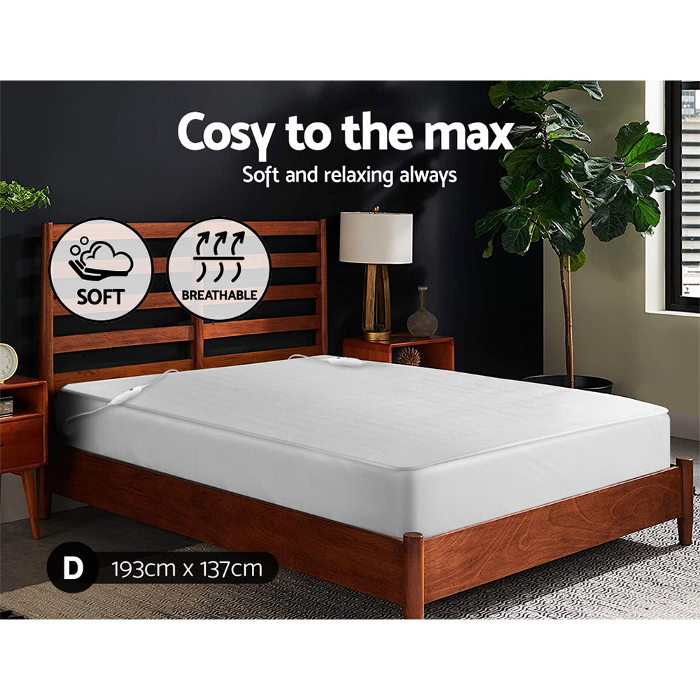 Giselle Bedding Double Size Electric Blanket in white, showcasing its soft polyester fabric and detachable remote controls.