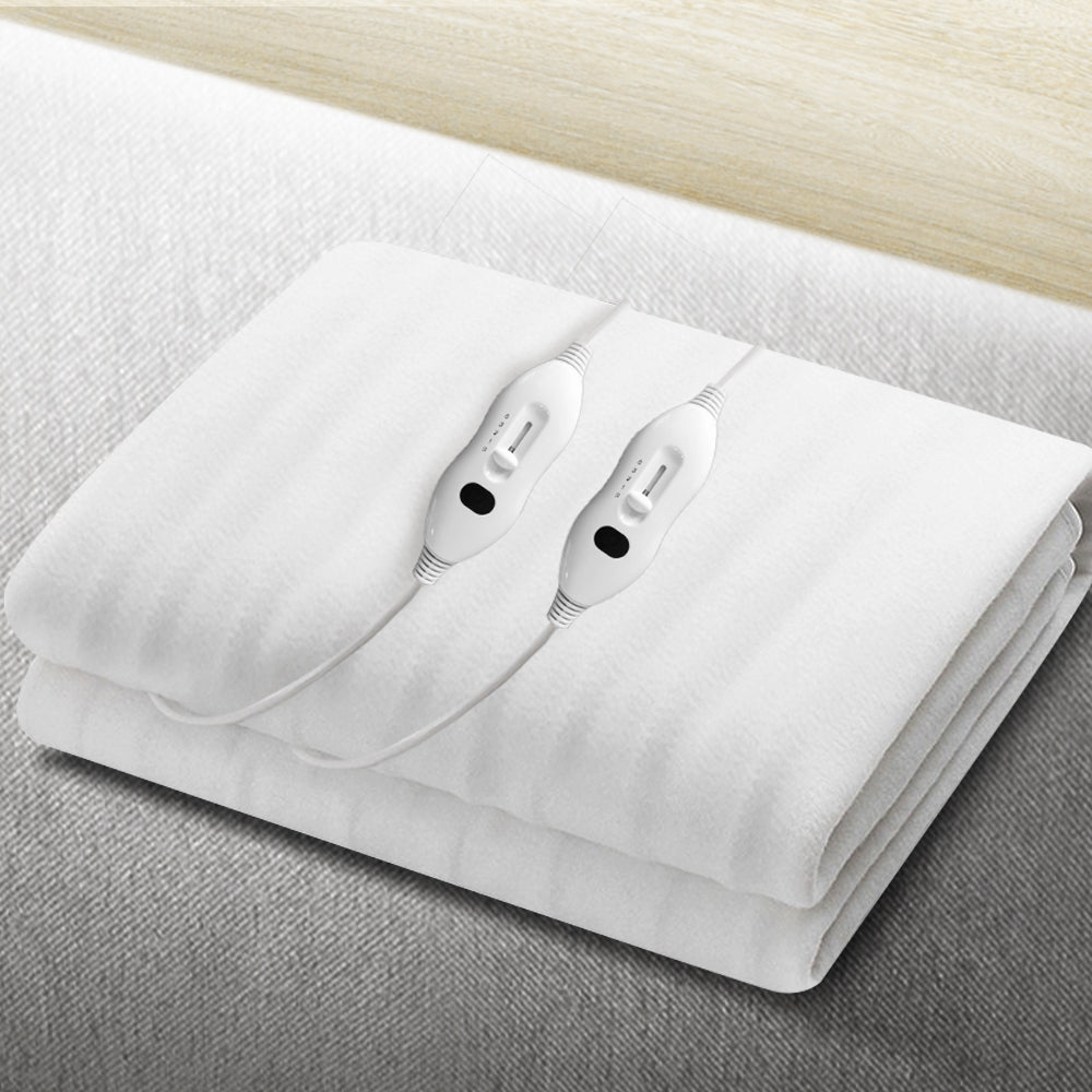 Giselle Bedding Double Size Electric Blanket in white, showcasing its soft polyester fabric and detachable remote controls.