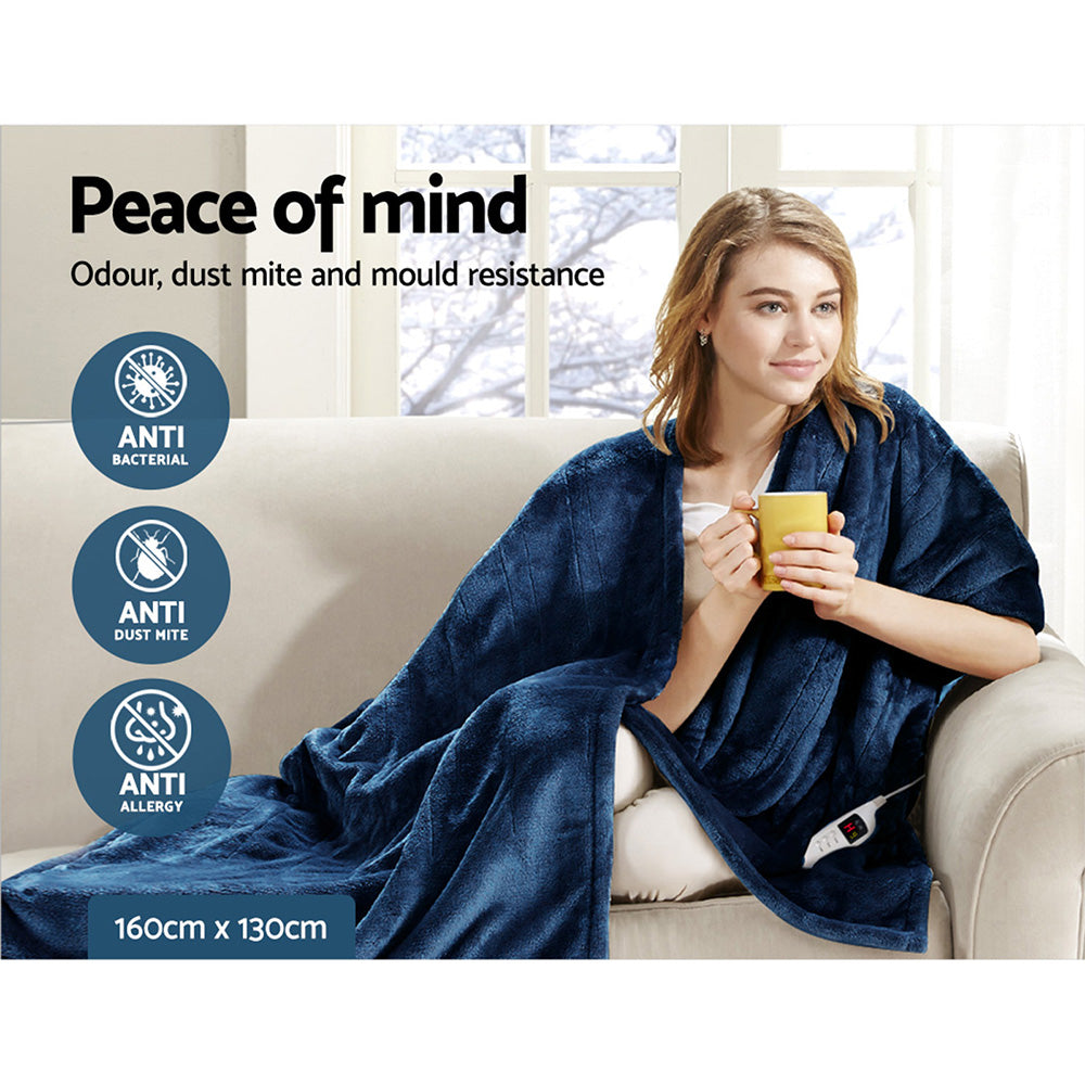 Giselle Bedding Electric Throw Blanket in Navy, showcasing its soft coral fleece material and detachable remote control.