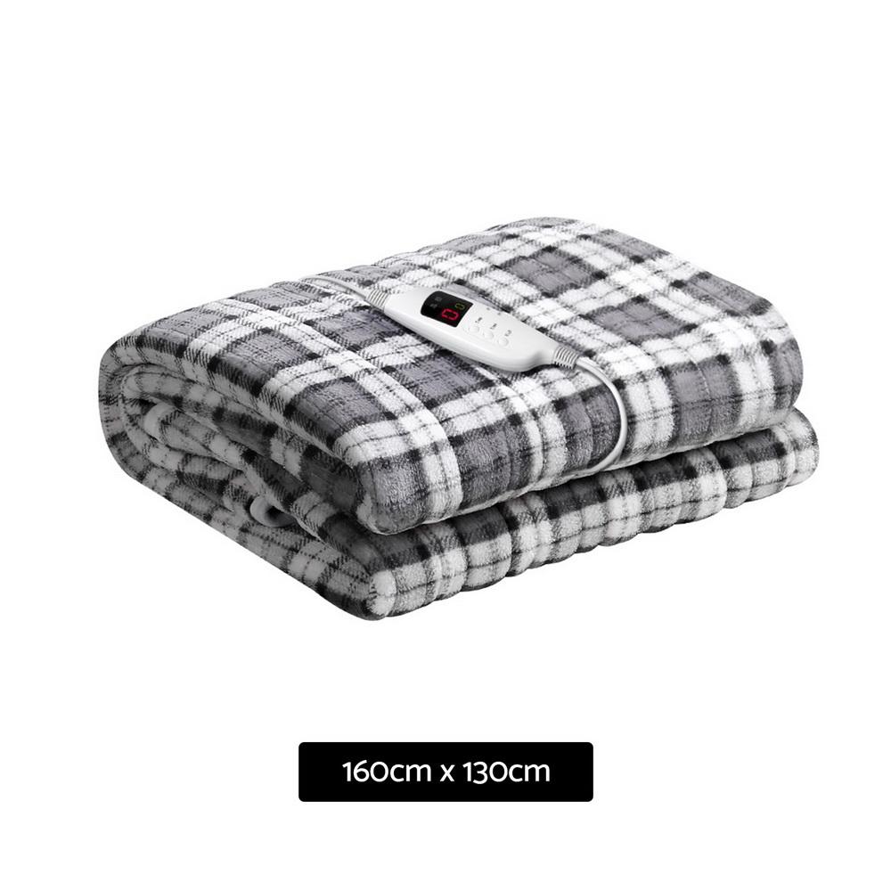 Giselle Bedding Electric Throw Rug in grey and white checkered flannel, showcasing its soft texture and detachable remote control.