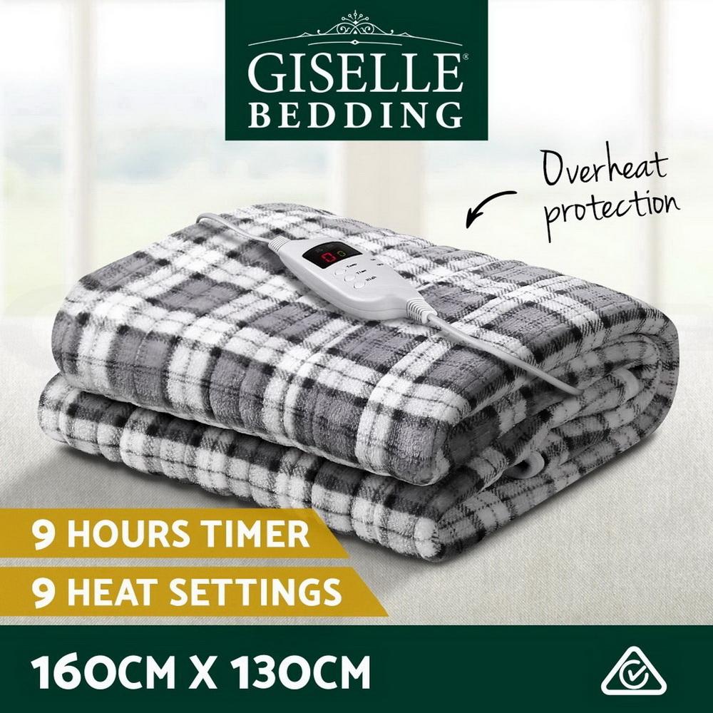 Giselle Bedding Electric Throw Rug in grey and white checkered flannel, showcasing its soft texture and detachable remote control.