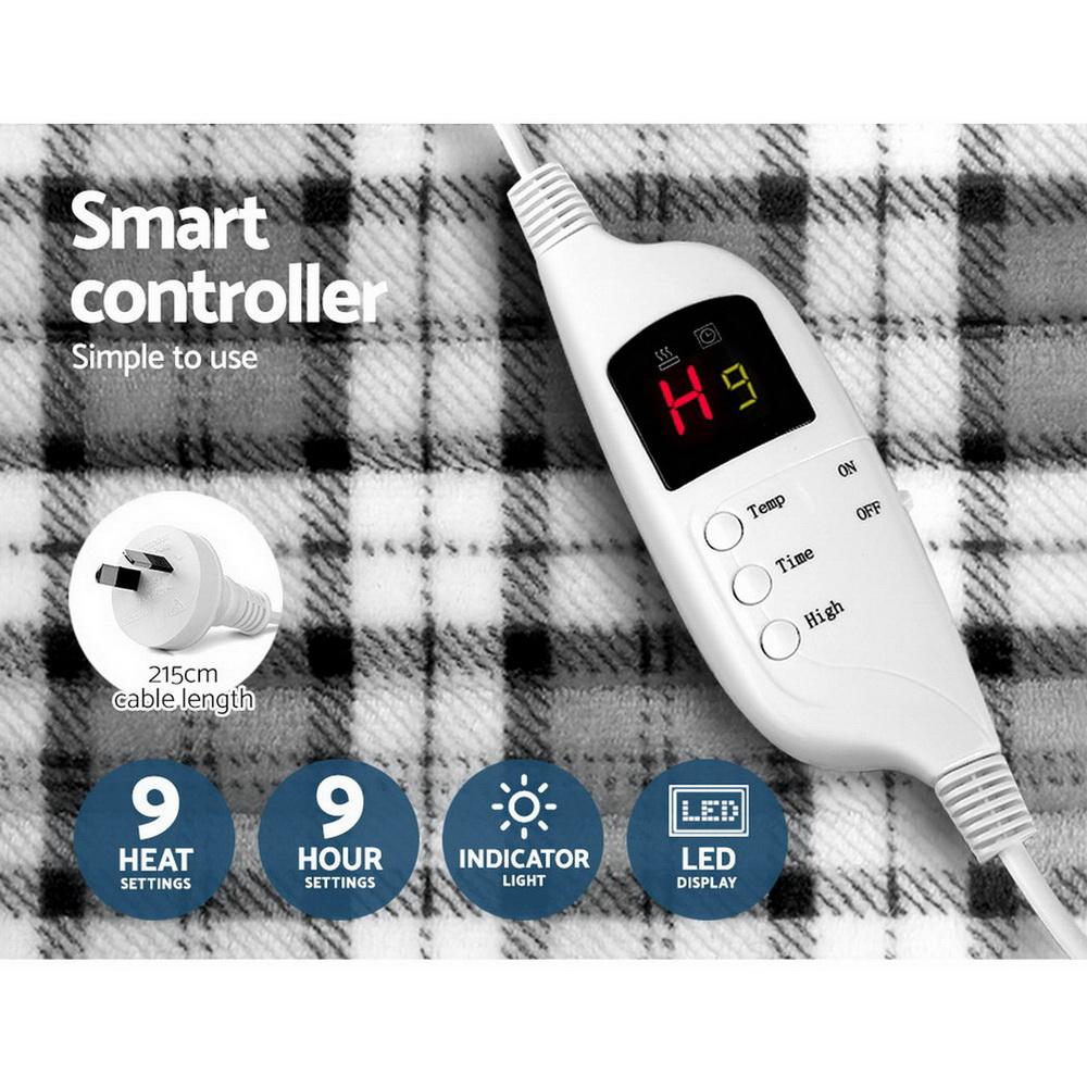 Giselle Bedding Electric Throw Rug in grey and white checkered flannel, showcasing its soft texture and detachable remote control.