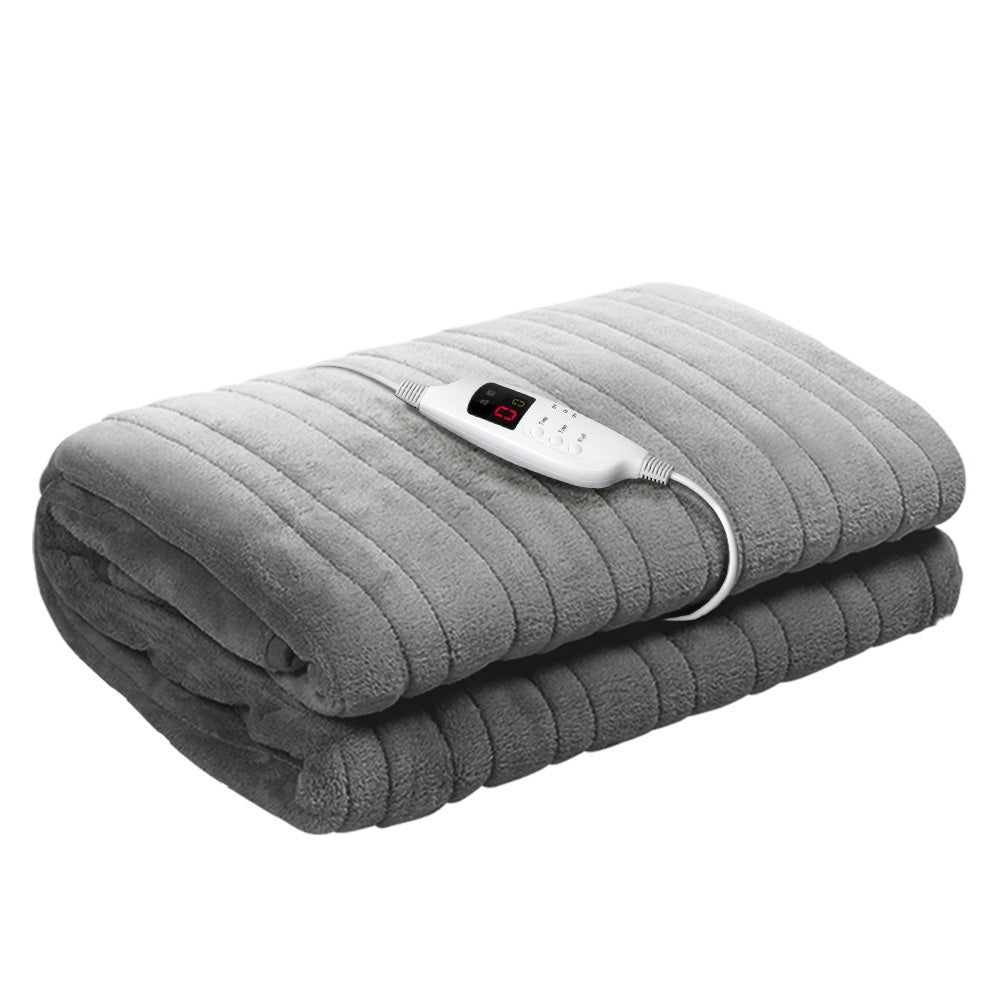 Giselle Bedding Heated Electric Throw Rug in silver, made of soft coral fleece, showcasing its detachable controller and LED display.