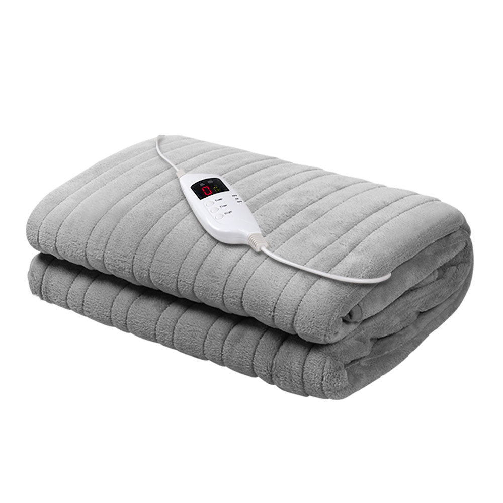 Giselle Bedding Heated Electric Throw Rug in silver, made of soft coral fleece, showcasing its detachable controller and LED display.