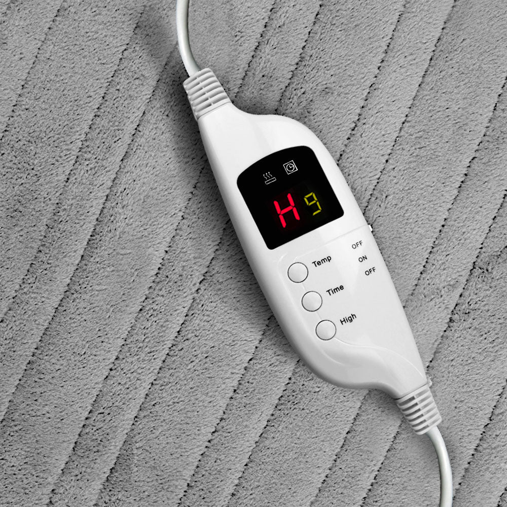 Giselle Bedding Heated Electric Throw Rug in silver, made of soft coral fleece, showcasing its detachable controller and LED display.