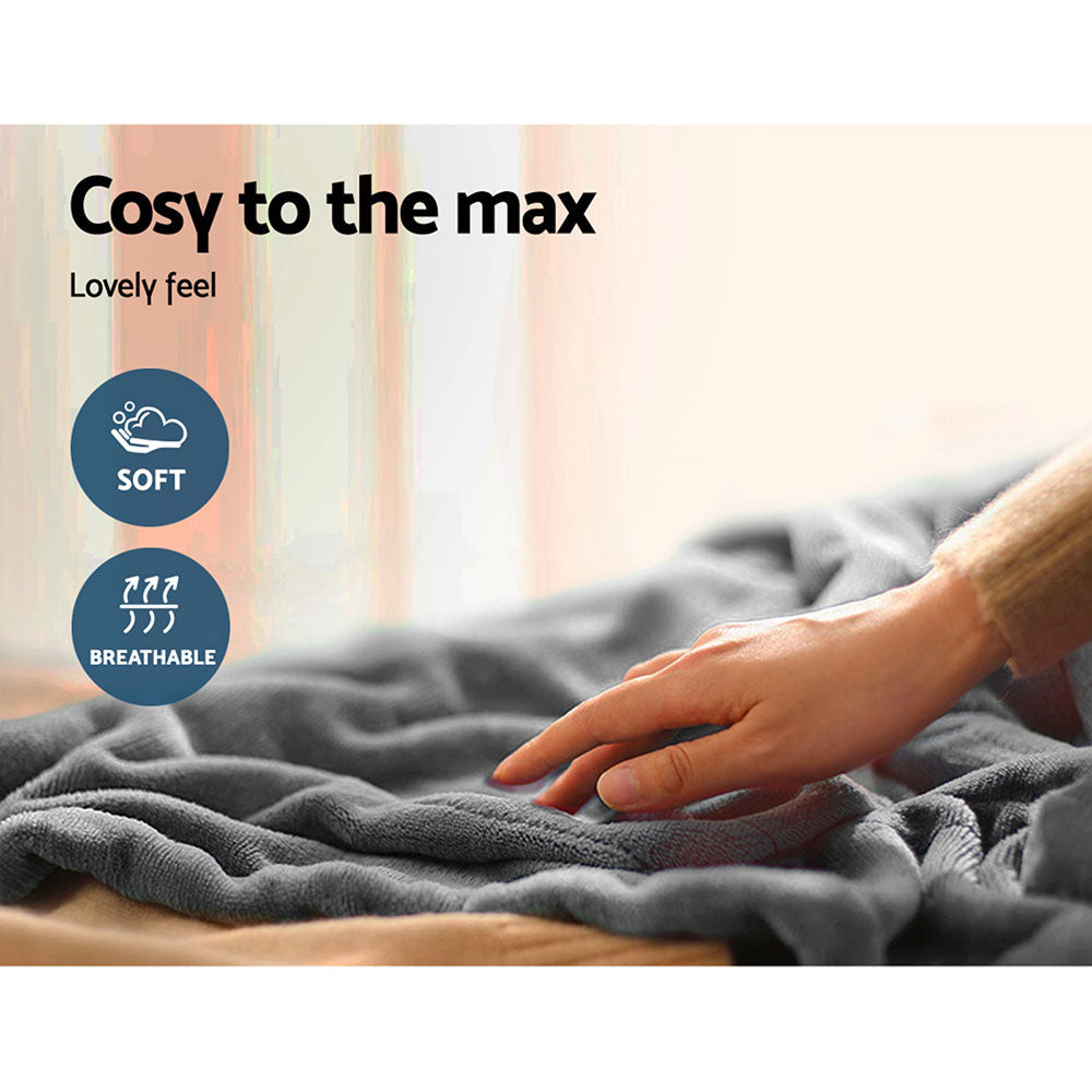 Giselle Bedding Heated Electric Throw Rug in silver, made of soft coral fleece, showcasing its detachable controller and LED display.