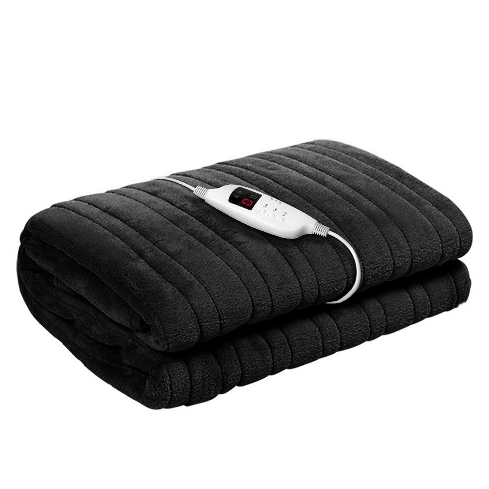Giselle Bedding Heated Electric Throw Rug in charcoal color, made of soft coral fleece, showcasing its detachable controller and LED display.