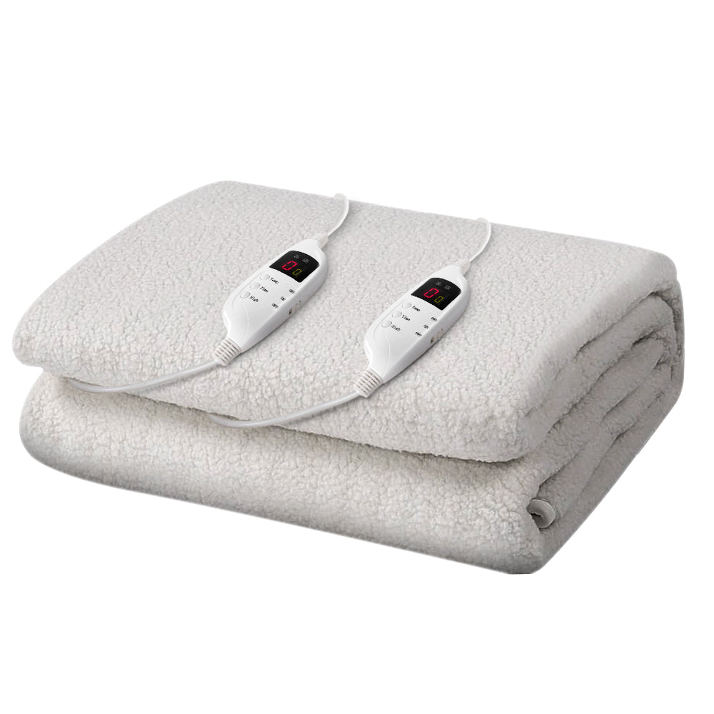 Giselle Bedding King Size Electric Blanket in white fleece, showcasing its soft texture and detachable remote control.