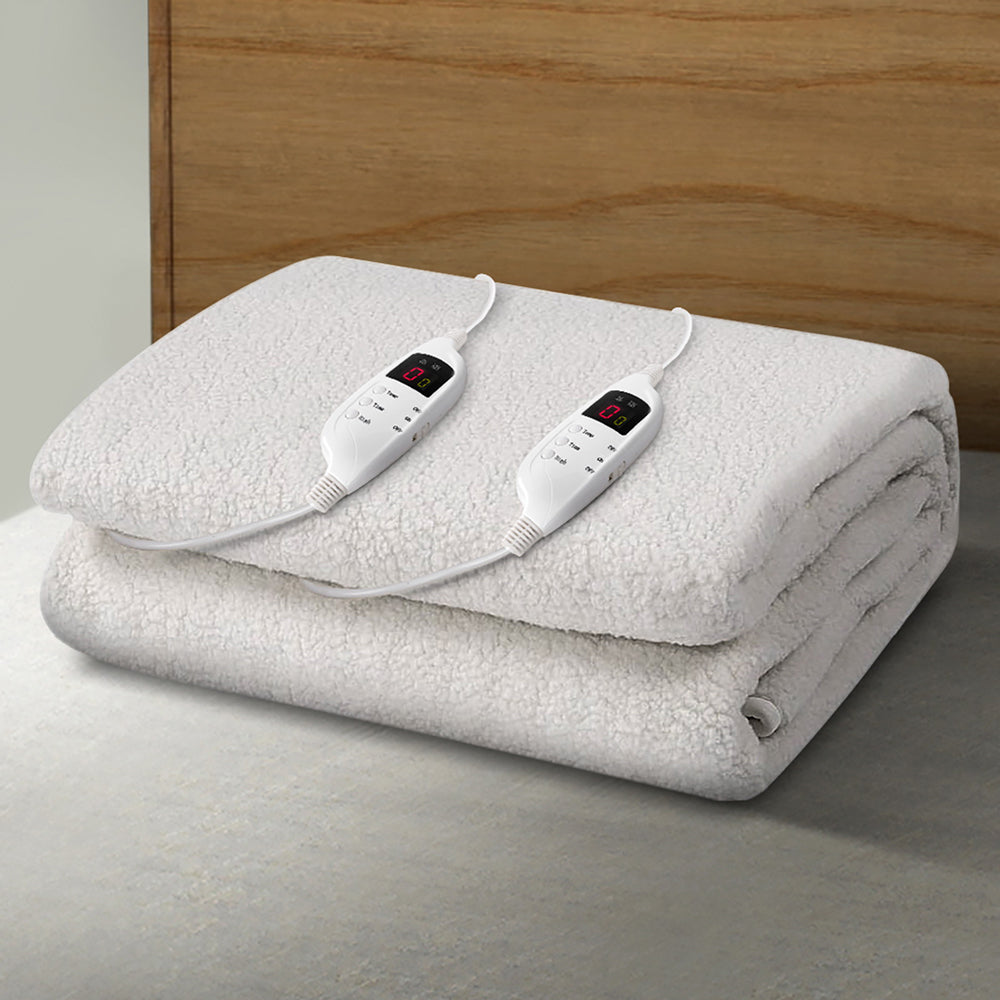 Giselle Bedding King Size Electric Blanket in white fleece, showcasing its soft texture and detachable remote control.